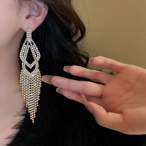 Close-up of elegant long silver tassel earrings with sparkling rhinestones on model
