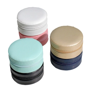 Mini round PU leather travel jewelry organizer boxes in six pastel and metallic colors