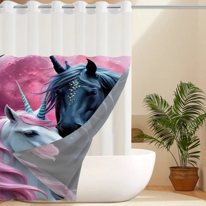 Detail of silver metal eyelets and double unicorn pattern on waterproof waffle shower curtain