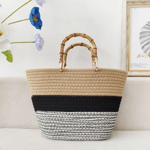 Handbag Woven Cotton Rope With Natural Bamboo Handle Color Block Summer Beach Tote For Women Ins Style Boho