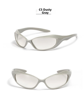 Detail view of Dusty Grey Y2K wraparound sunglasses showing sleek futuristic frames