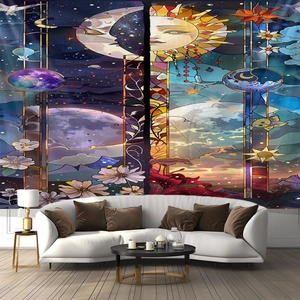 Wall Hanging Tapestry Polyester Decorative Background Cloth Stained Glass Sun Moon Christmas Snow Cabin Fantasy Art Decor