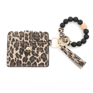 Leopard print card holder keychain with silicone bead bracelet and matching tassel accessory