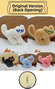 Detailed view of plush cat charms with heart sunglasses and rear opening feature