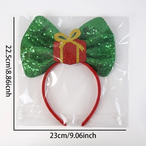 Christmas bow headband dimensions 23x22.5cm with green sequins and red berry decor