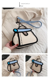 Detail of 2D cartoon style canvas handbag with black outlines and light blue strap
