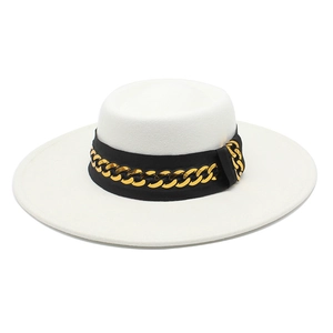 White cashmere fedora hat with wide 9.5cm brim and gold chain on black ribbon