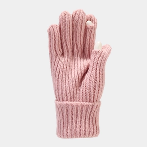 Pink knit gloves with ribbed texture and fingerless design for easy phone operation