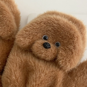 Plush brown teddy dog winter mittens with soft faux fur and cute poodle animal design