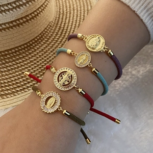 Adjustable Virgin Mary braided bracelets with 18K gold plated medals and cubic zirconia