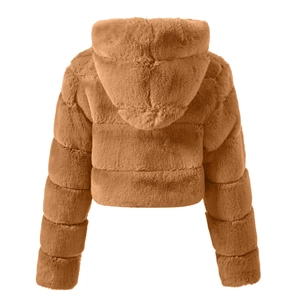 Rear view of short brown faux fur hooded jacket showing soft texture on white background