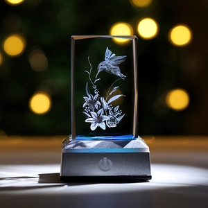 Macro shot of 3D laser engraved hummingbird in crystal cube with glowing LED base