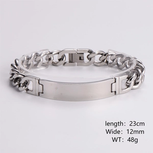 Detail view of 12mm wide matte stainless steel Cuban bracelet with curved plate and dimensions