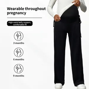 Adjustable high-waisted maternity wide-leg pants in black for all pregnancy stages