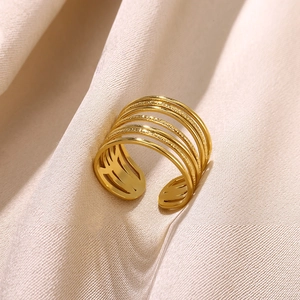 Detail view of 18k gold plated multi-layer open ring featuring polished and textured bands