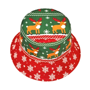 Festive Christmas bucket hat featuring reindeer and snowflake patterns in red and green