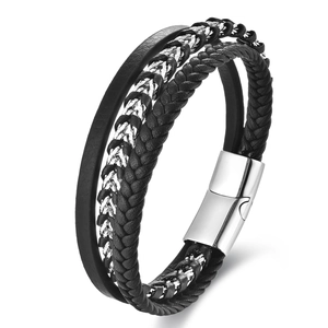 Minimalistisches mehrlagiges Lederarmband in Schwarz mit poliertem Edelstahl-Magnetverschluss