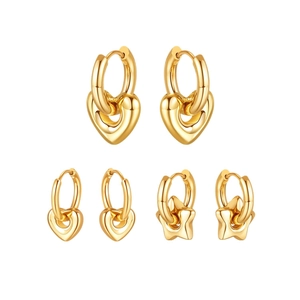 Three pairs of polished gold stainless steel earrings with heart and star charms on white background