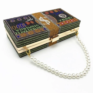 Sparkling dollar stack evening clutch bag with crystal rhinestones and pearl handle