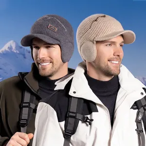 Herren Strickmütze Aus Acryl Mit Ohrenschützern Und Schirm Fleecegefüttert Dick Warm Winter Outdoor Schirmmütze Winddicht