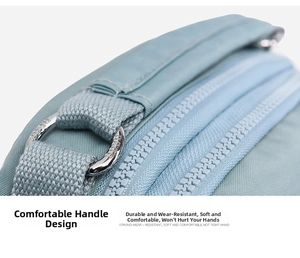 Detail view of light blue nylon handbag with thick zipper and reinforced D-ring