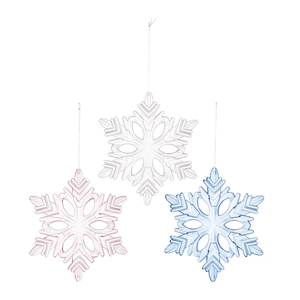 Set of clear pink blue acrylic snowflake ornaments with strings for holiday decoration