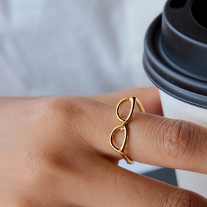 Unique 18K gold plated stainless steel ring in creative sunglasses shape for women