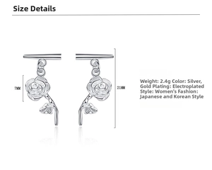Detailed view of silver rose earrings showing precise dimensions and 2.4g weight