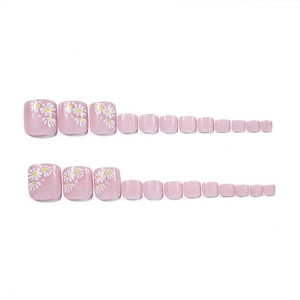 Unghie finte per piedi quadrate lucide rosa chiaro con design di margherite bianche