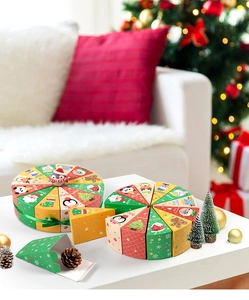 Detailed view of colorful wedge-shaped Christmas gift boxes with festive illustrations