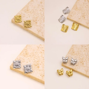 Minimalist stainless steel earrings in gold and silver with textured square and butterfly shapes