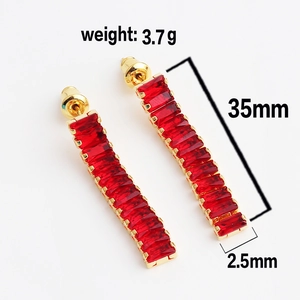 Red rectangular zircon drop earrings in gold setting, 35mm long tassel design