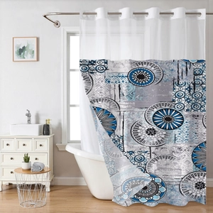 Dual-layer shower curtain with blue mandala floral print and reinforced metal rings