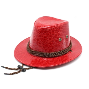 Bright red PU western cowboy hat with glossy crocodile texture and braided strap