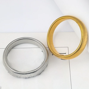 Elastic gold and silver stainless steel wide cuff bracelets with striped textured design