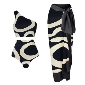 Three-piece one-shoulder high-waisted bikini set with abstract contrast swirl print sarong