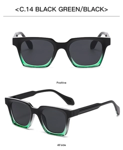 Front and 45-degree angle view of matte black square sunglasses with green gradient lenses