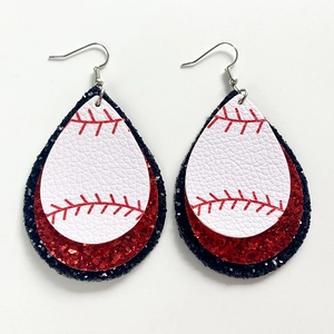 Detail of baseball teardrop earrings with three-layer leather glitter and red stitching