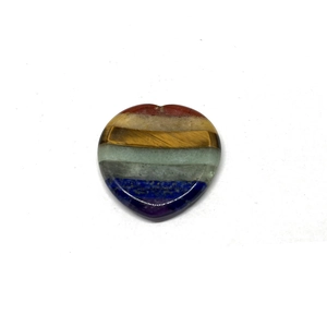 Polished heart-shaped chakra worry stone with multi-colored natural mineral layers