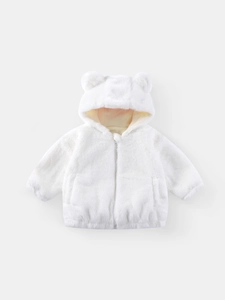 Veste à capuche en peluche pour bébé avec oreilles d'ours et fermeture éclair blanche