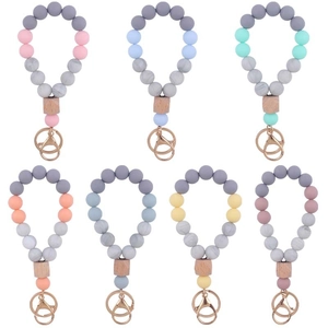 Silicone Beaded Wristlet Keychain With Wooden Octagon Bead Colorful Bracelet Key Ring Pendant For Women DIY Jewelry Gift