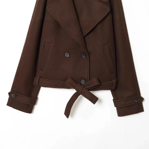 Women's brown wool coat with double-breasted buttons and a waist tie jacket