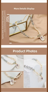 Detailed close-up of Baroque pearl necklace with branch pendant and faceted crystal beads