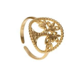 Adjustable gold Tree of Life ring in stainless steel with vintage rope texture
