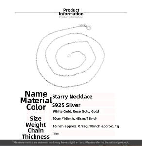 Detailed specs for 1mm S925 sterling silver star necklace in multiple plating options