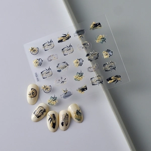 5D Chinese ink bamboo nail art stickers in black and gold with model FEB-493