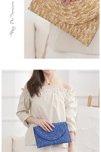 Detailed close-up and lifestyle view of a woven straw envelope clutch in natural and blue