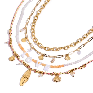 Multi-layer LOVE titanium steel cord necklace set with shells and colorful beads