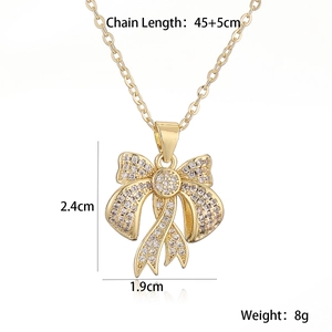 Detailed size specifications for zircon bow pendant necklace showing 45+5cm chain length