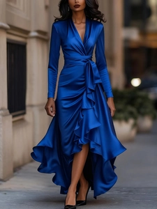 Royal blue satin V-neck dress featuring a cinched waist and ruffled hem details